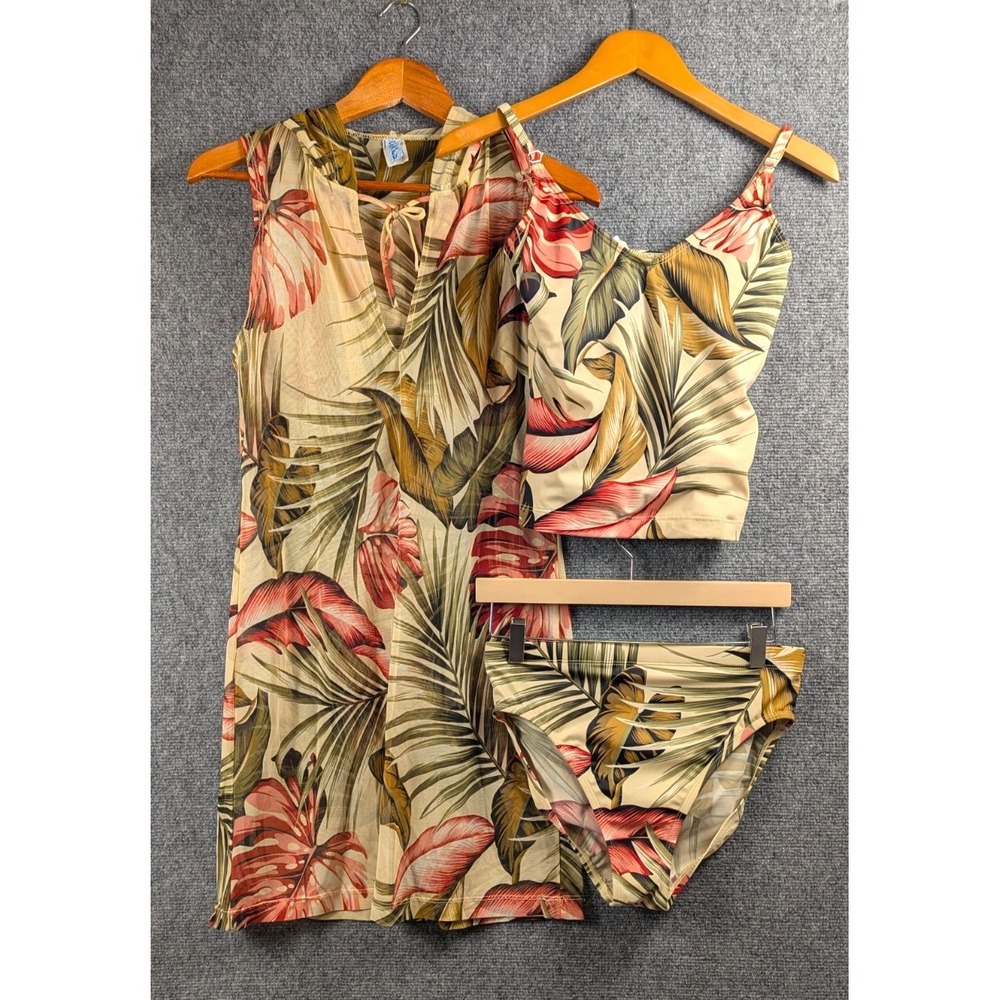 Kechika‎ 3 Piece Tropical Tankini Swimsuit Set Cover Up Dress Womens 10 12 M